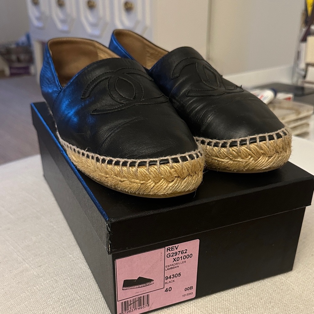 CHANEL Black Leather Espadrille Loafers